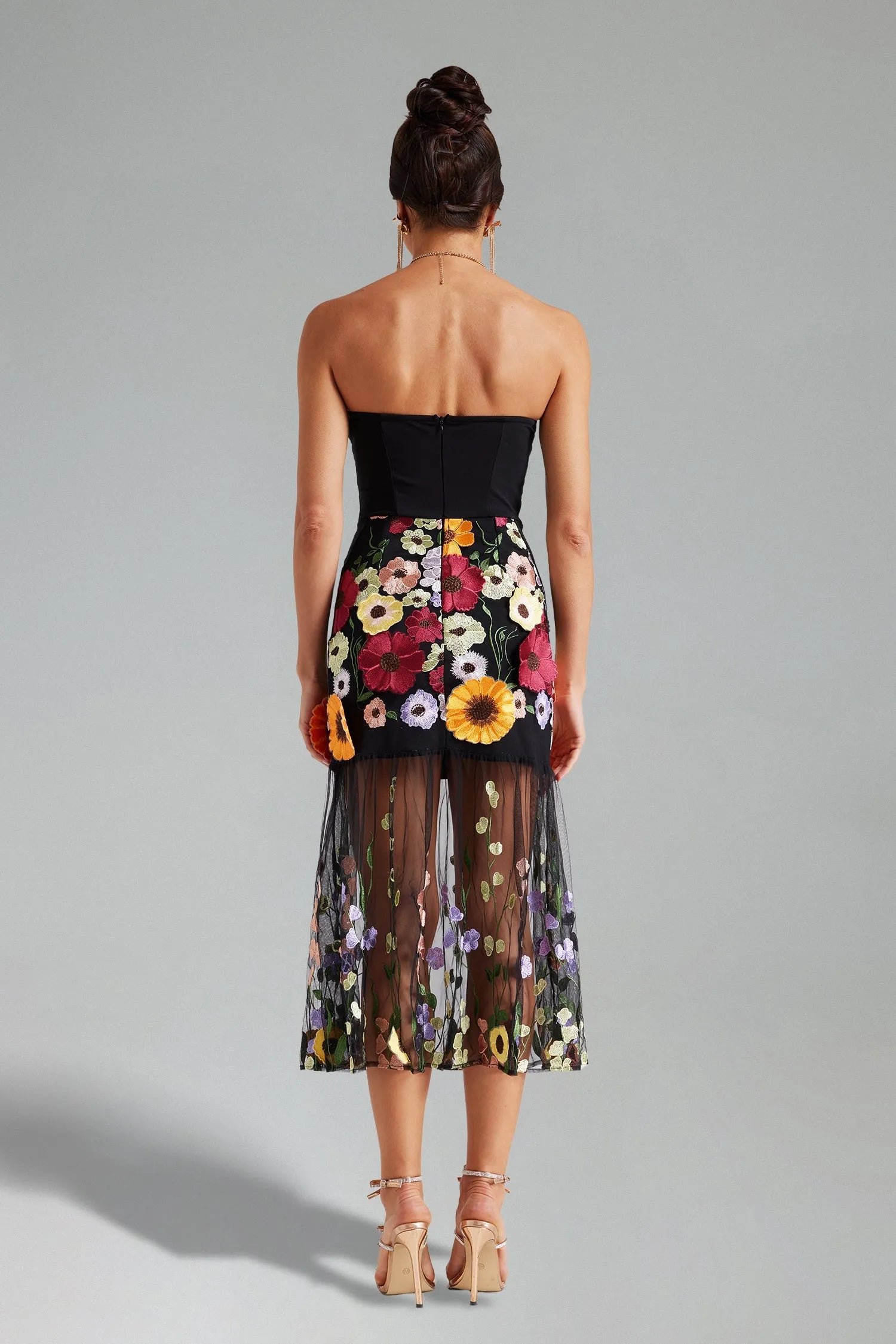 Robe Weitese sans manches, sans bretelles, brodée de fleurs 3D, longueur thé, ourlet noir, robe de bal en tulle